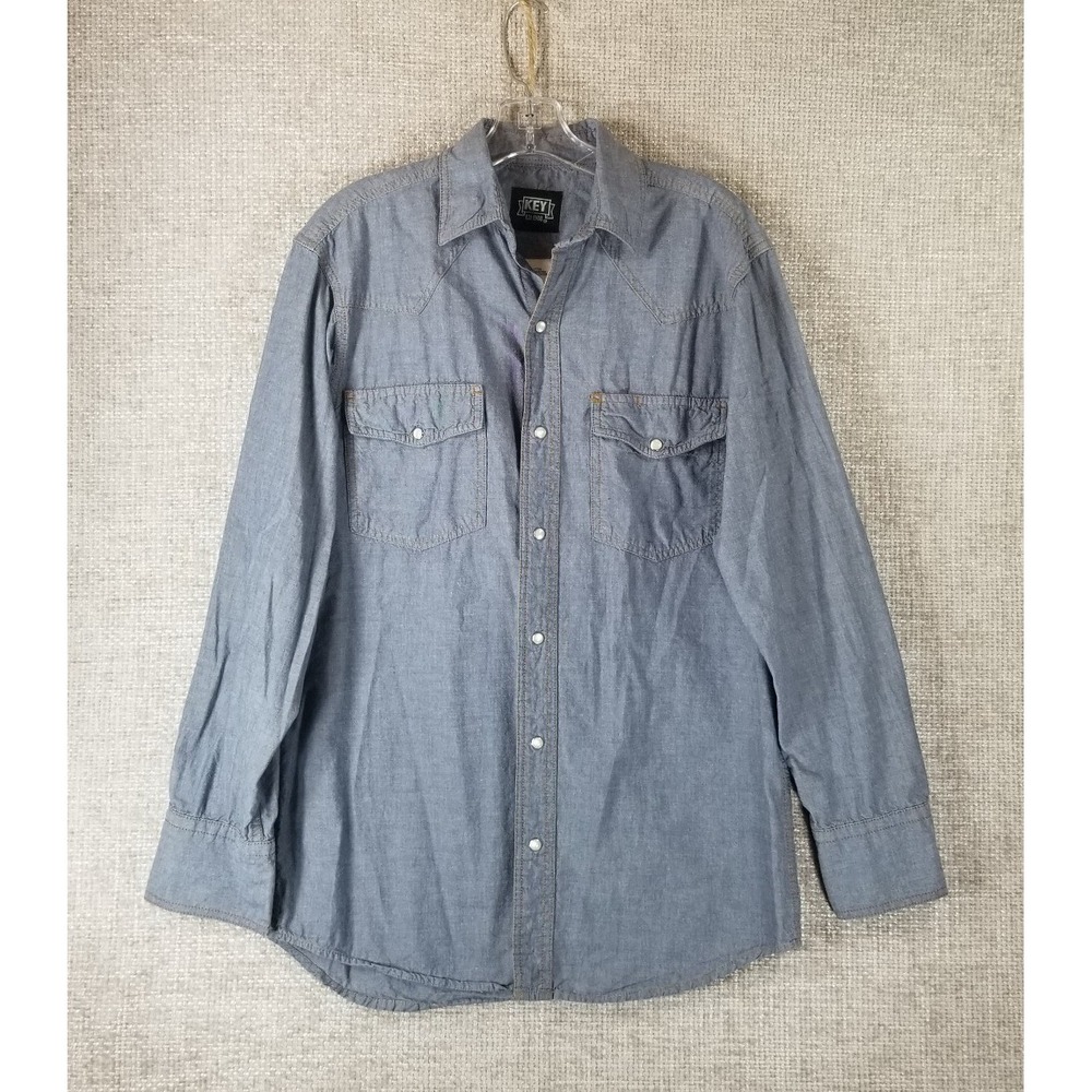 Key Industries Western Pearl‎ Snap Shirt Work Blue Long Sleeve Men's Small